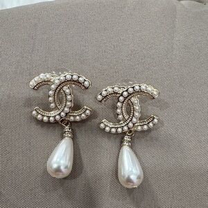 Gold and Pearl Logo Earrings